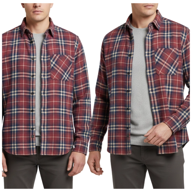 Męska koszula flanelowa w kratę w kolorze czerwono-czarnym prezentowana na modelu.