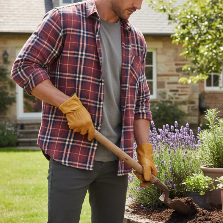 Mężczyzna pracujący w ogrodzie ubrany w męską koszulę flanelową w kratę