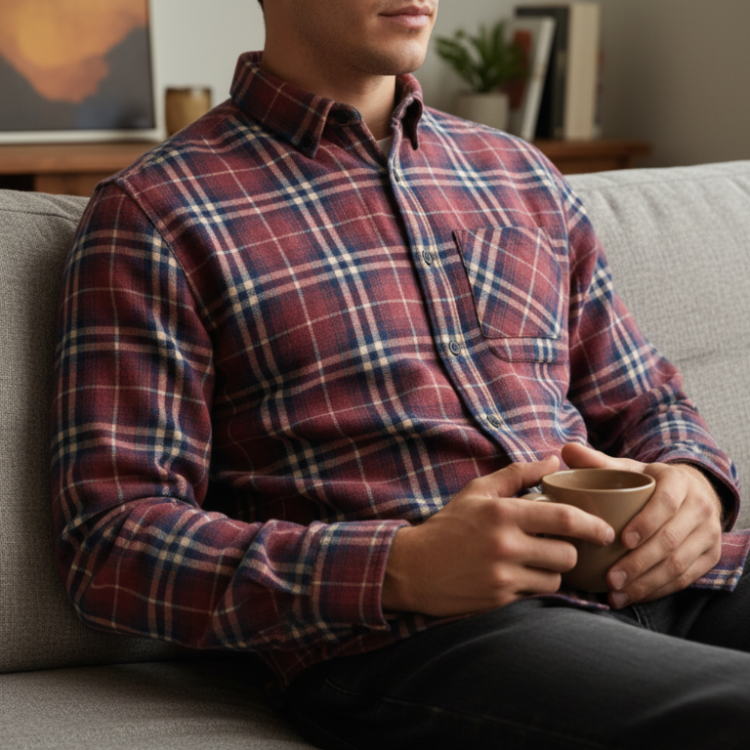 Model siedzący na kanapie w wygodnej czerwonej koszuli flanelowej w kratę.