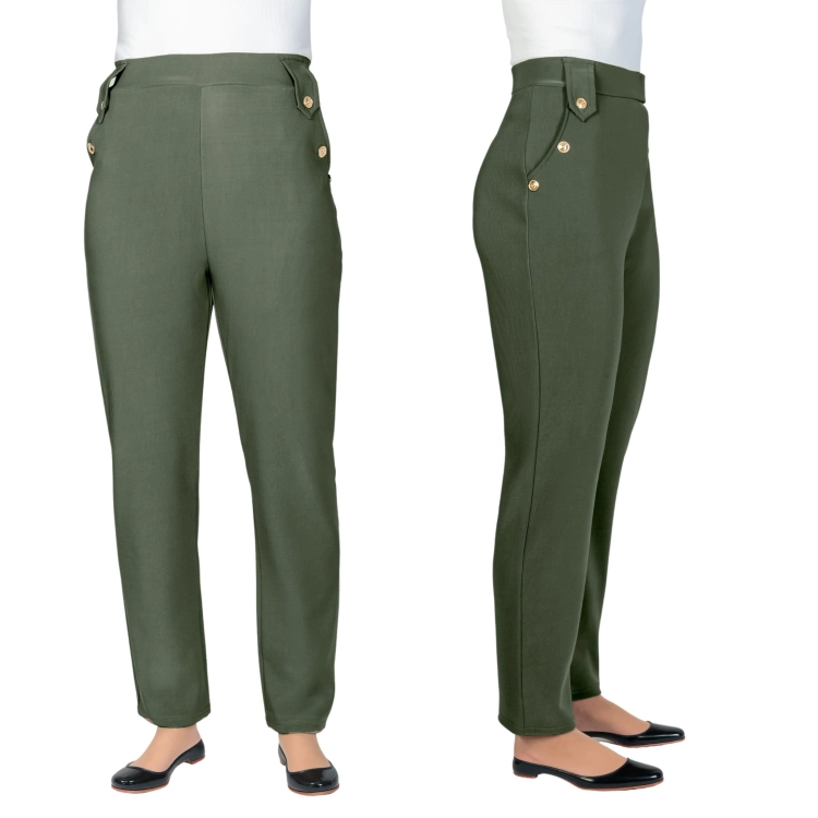 Zielone spodnie garniturowe damskie z wysokim stanem, fason wizytowy Plus Size.
