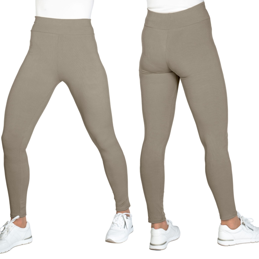 Legginsy damskie z wysokim stanem dopasowane kolor taupe/beżowy widok z przodu i z tyłu.