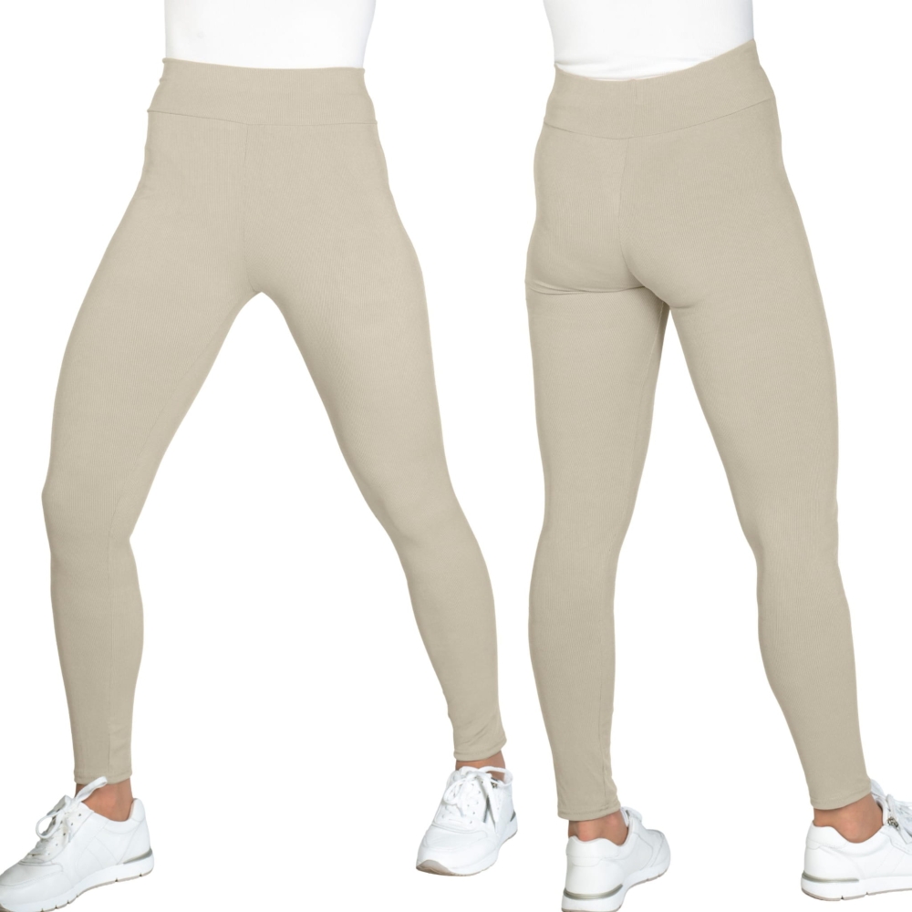 Legginsy damskie z wysokim stanem dopasowane w jasnym kolorze ecru widok sylwetki.