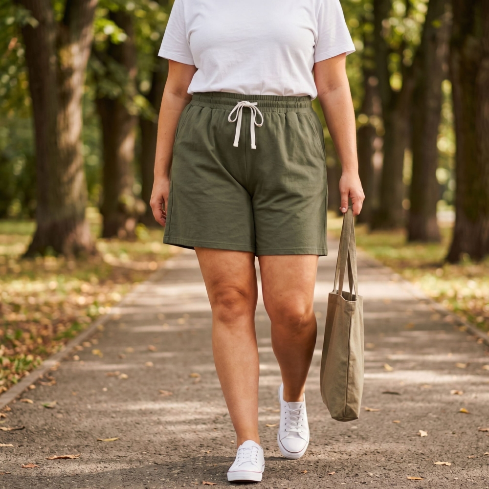 Oliwkowe szorty damskie bawełniane na modelce idącej aleją parkową z płócienną torbą w ręku.