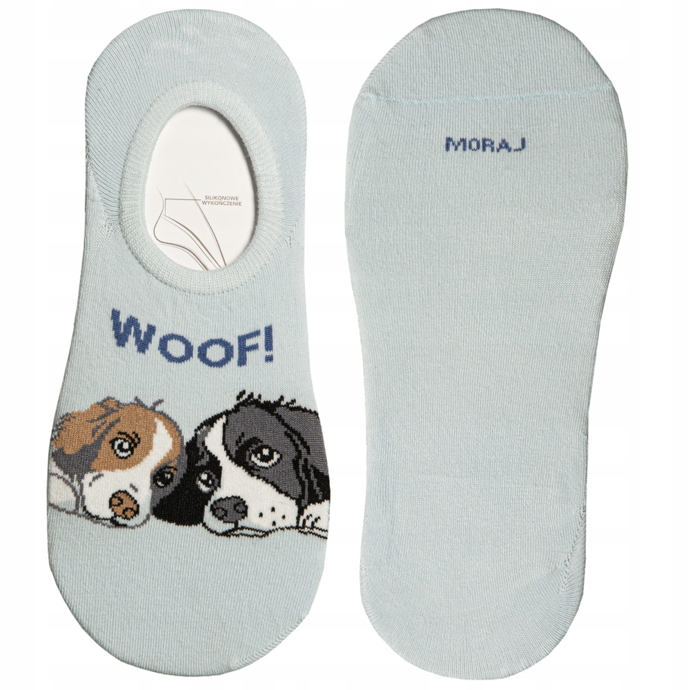 Jasnoniebieska skarpetka stopki damskie z pieskami z grafiką dwóch psów i napisem WOOF.