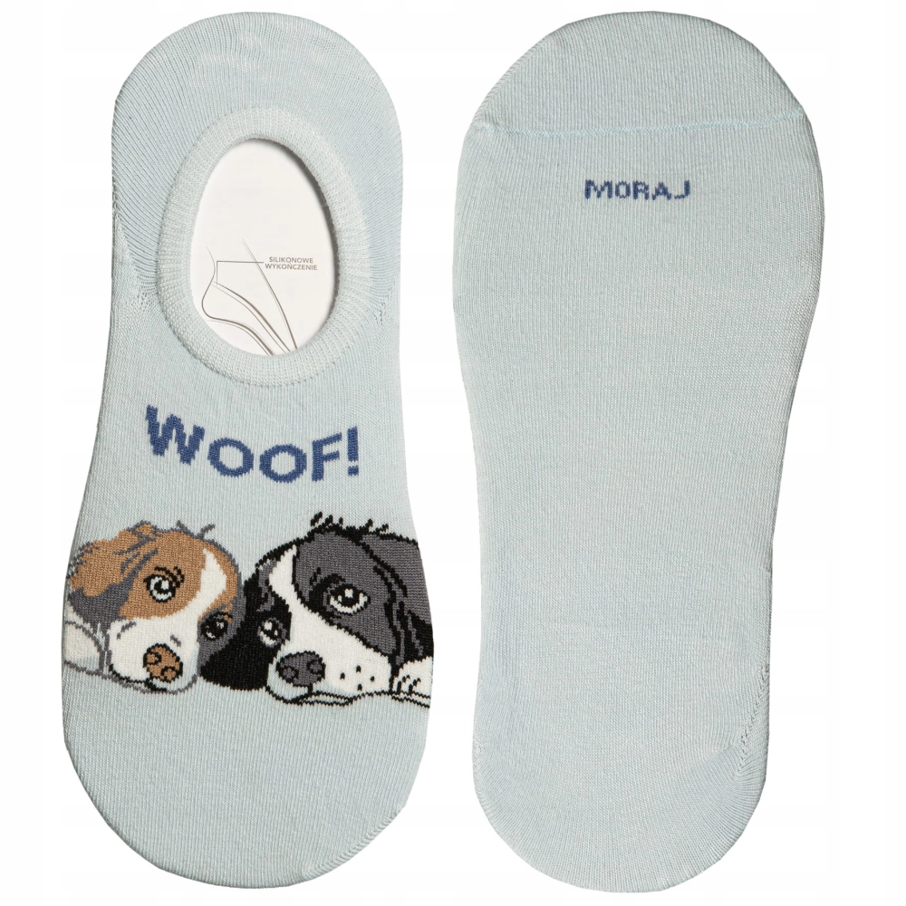 Jasnoniebieska skarpetka stopki damskie z pieskami z grafiką dwóch psów i napisem WOOF.