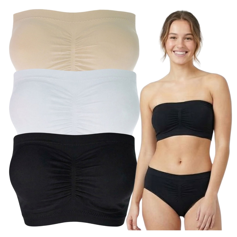 Trzy kolory produktu oraz modelka ubrana w czarny biustonosz opaska bandeau bez ramiączek.